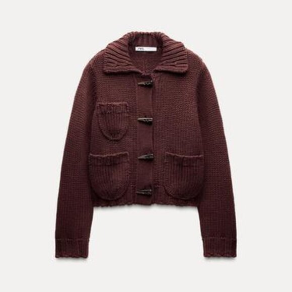 NWT ZARA CHUNKY KNIT CARDIGAN Burgundy Ref 1957/101 M - Picture 1 of 4